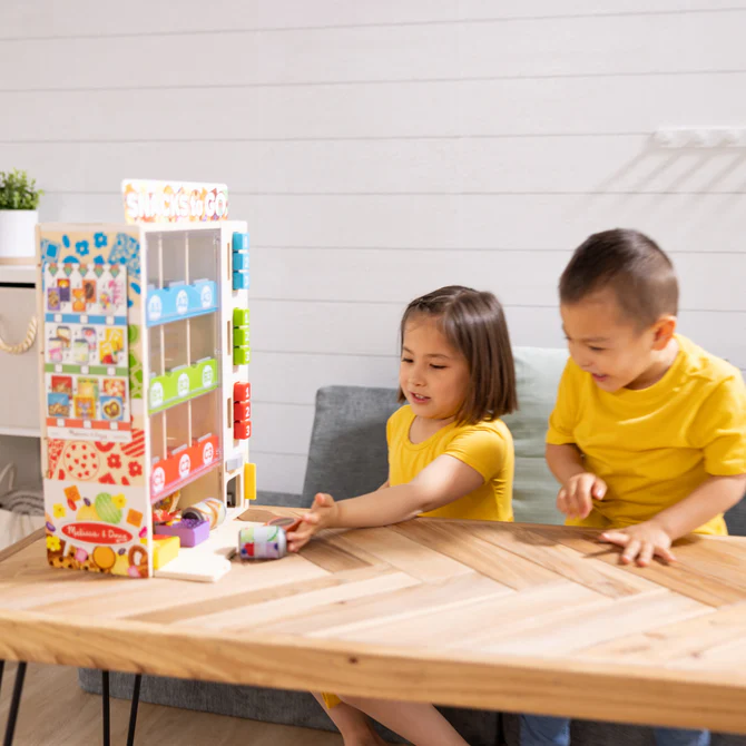 Melissa & Doug Sort-Stock-Select Wooden Vending Machine Toy with Play Food, Mini Vending Machine Toys & Play Money, Preschool Toys for Kids Ages 3+